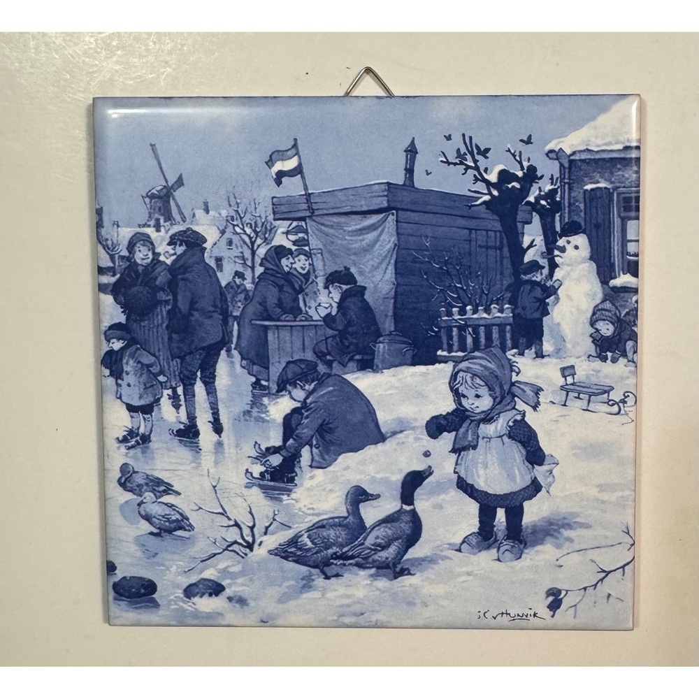JC van Hunnik Dutch Winter Village Scene Blue White Ceramic Wall Tile 6x6 1996